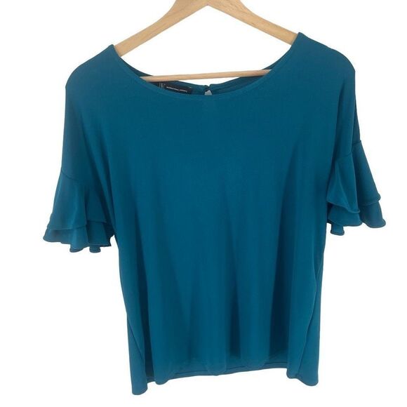 INC International Concepts Women's Ruffled Sleeve Top Shirt Stretch Blue Medium - Picture 7 of 10